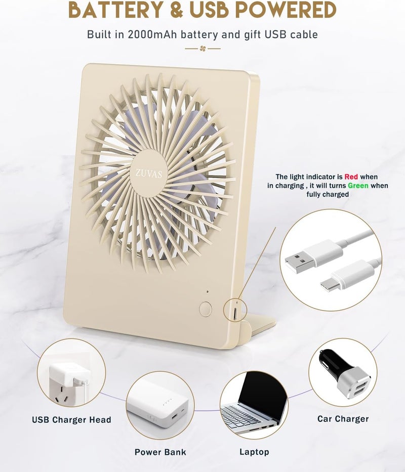Zuvas Desk Fan Battery Operated Fan Rechargeable 180°Tilt Folding Personal Fan Ultra Quiet Small Portable 3 Speed Adjustable Strong Wind Fan For Office Bedroom Home Desktop Camping (Beige) - Image 4